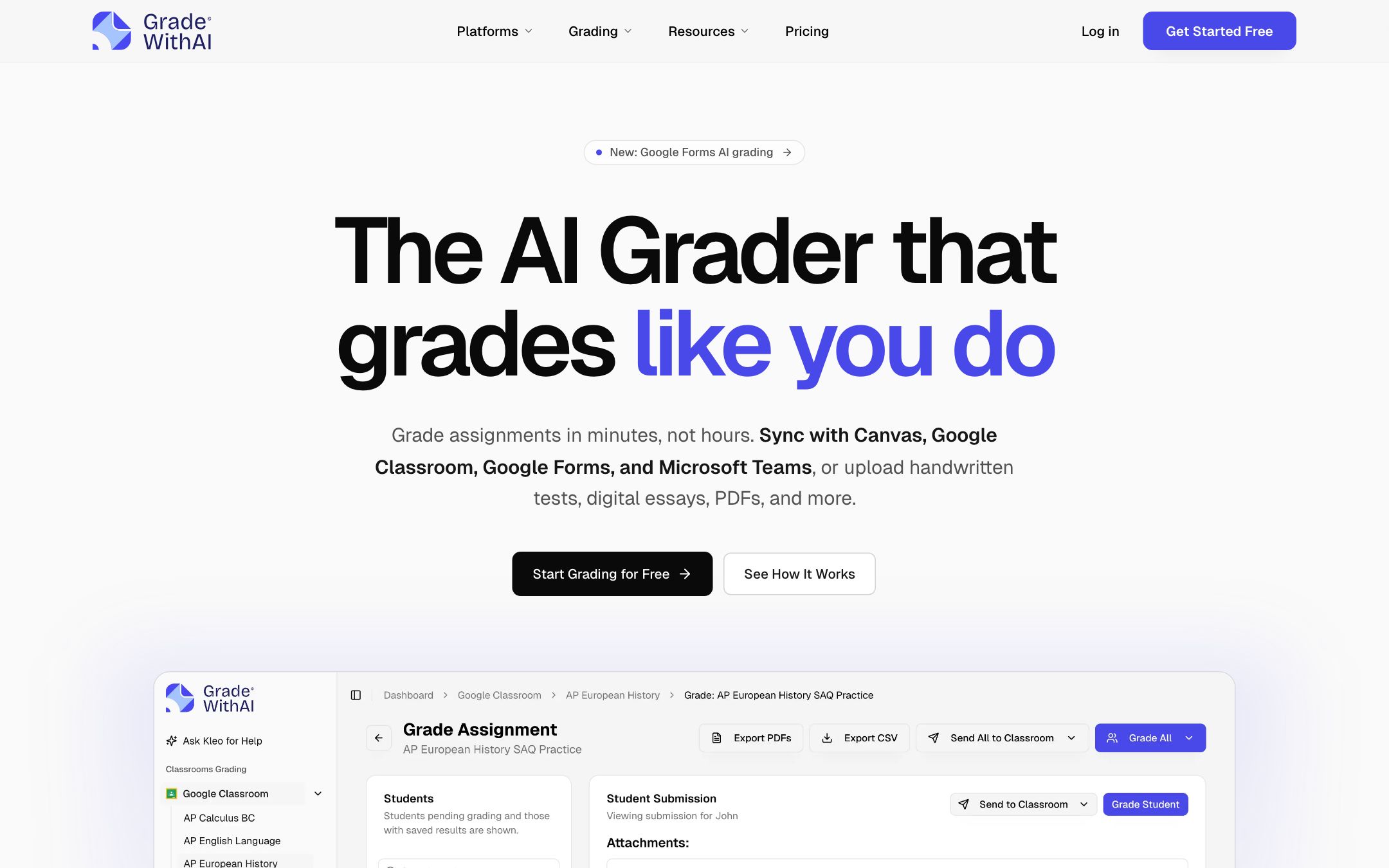 GradeWithAI dashboard showing a stack of Canvas essay submissions auto-graded against a rubric, with per-criterion feedback ready to push back to SpeedGrader.